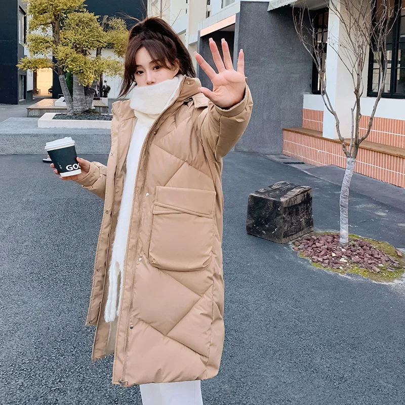 

CRRIFLZ Women's Autumn Winter Solid Color Hooded Jackets Rhombic Lattice Loose Coat Medium Long Parka For Fashion