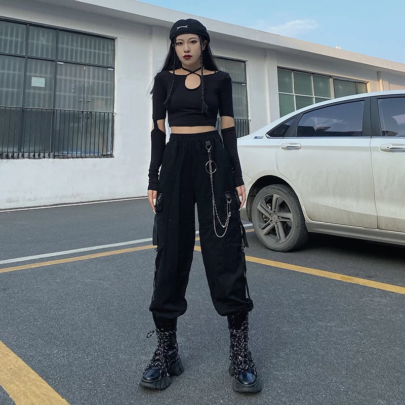 Punk Chain Cargo Pants Streetwear Hip Hop Pants High Elastic Waist Casual Fashion Harajuku Summer Tide Woman Pant capri leggings with pockets