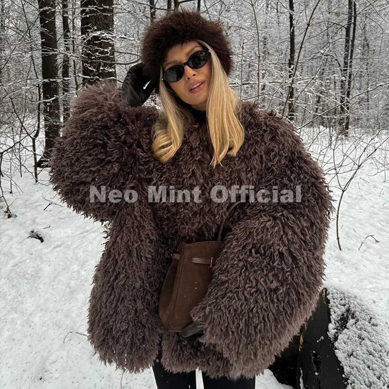 Neo Mint Winter 2026 Hot Chocolate Fluffy Chunky Sheep Fur Coat Women Oversized Overcoat Outerwear Ins Street Fashion Fur Jacket