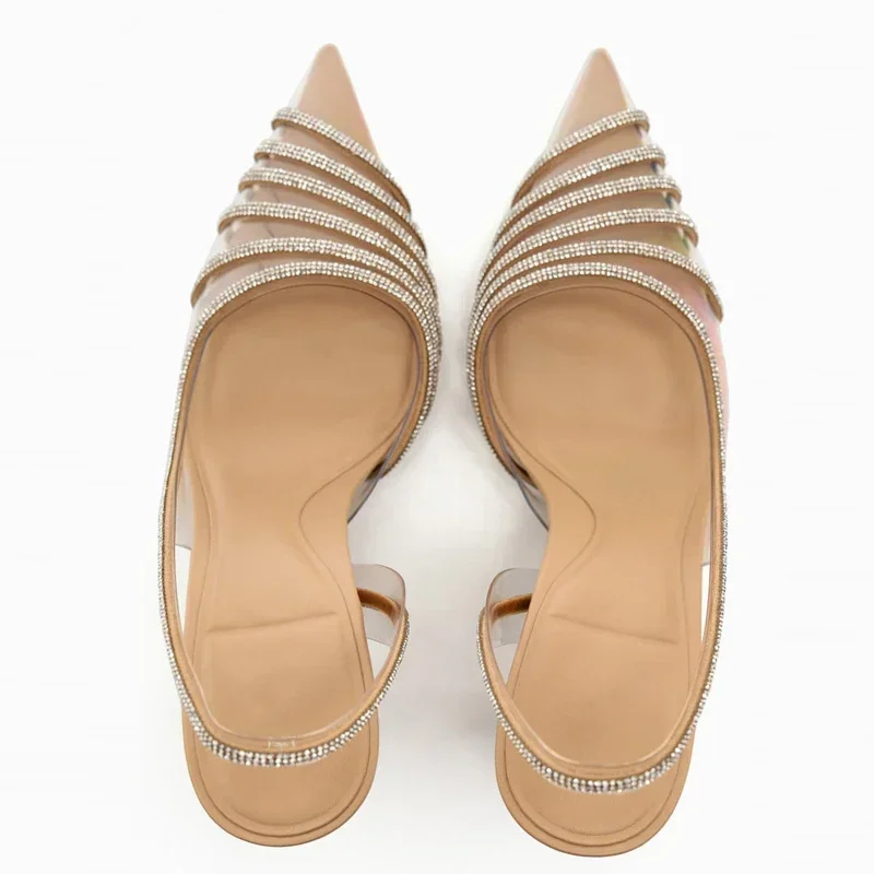 Summer Women's Shiny Rhinestone Pointed End High Heels Sandals Fashion Transparent PVC Woman Pumps Sexy Slingback Woman Shoes