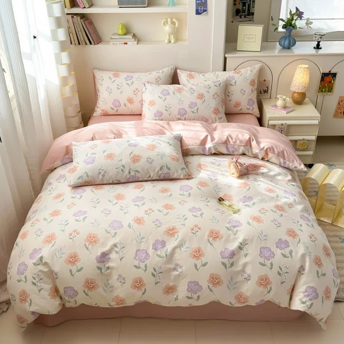 Conjunto de capa de edredom de 4 peças 100% algodão (1 capa de edredom 2 fronhas 1 folha), design minimalista de desenho animado, conjunto de cama ultramacio