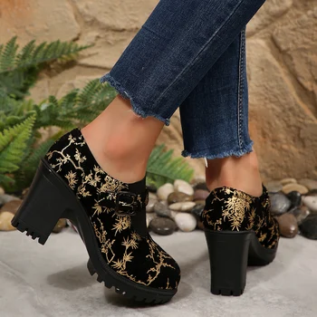 الربيع والخريف جولة رئيس مشبك عالية الكعب عارضة أحذية واحدة عصرية جديدة مريحة ودائمة الأحذية النسائية 6