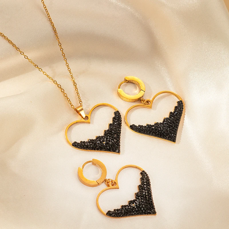 ANENJERY 316L Stainless Steel Hollow Black White Zircon Necklace Earrings For Women Fashion Design Jewelry Gifts Wholesale