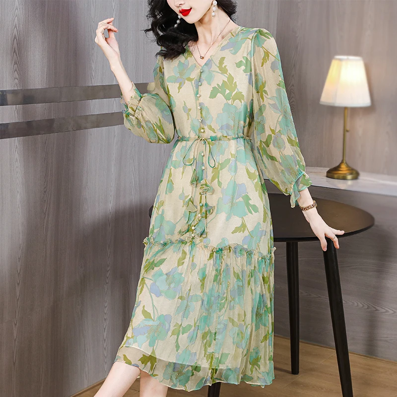 

Silk dress Female 2023 autumn/spring new printed lantern sleeve ruffled waist slimming silk dress