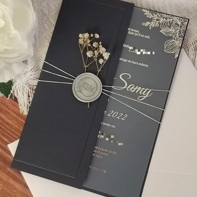 Tarjeta de invitación de boda de PVC transparente personalizada con impresión de lámina moderna elegante