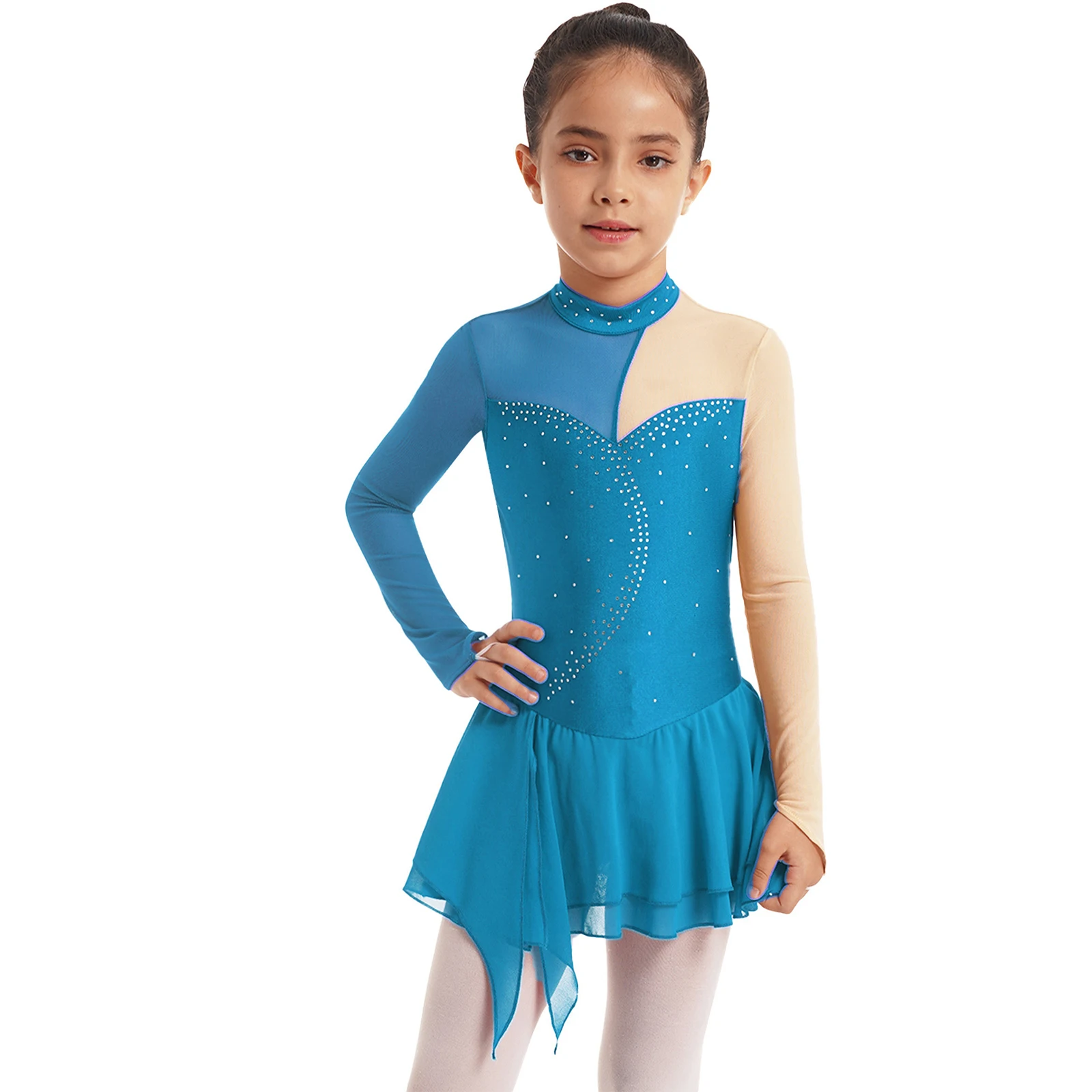 

Girls Long Sleeve Color Block Ice Skating Dress Dancewear Kids Glitter Rhinestone Backless Ballet Leotards Performance Costume