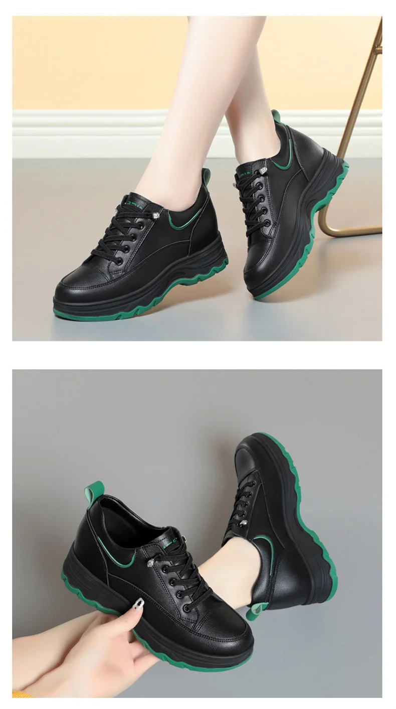 Women Walking Shoes - Comfortable Chunky Casual Sneakers With Soft Leather Lace-Up Design