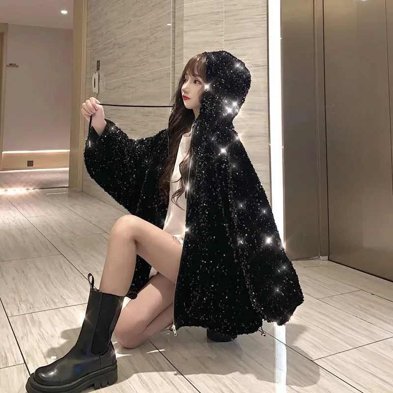 Starry Sky Hooded Coat Women 2023 Spring Korean Version Loose Versatile Short Thickened Cotton Coat Trendy INS Commuter Sequins