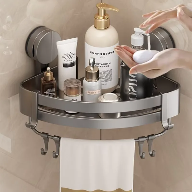 ชั้นวางของในห้องน้ำแบบติดผนังด้วยถ้วยดูด ไม่ต้องเจาะ ชั้นวางแบบขาตั้ง ชั้นวางของติดผนังมุมห้องน้ำ 1