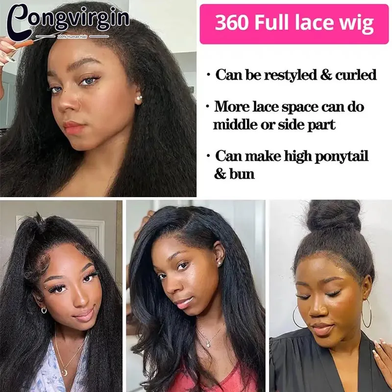 Kinky Straight Human Hair Wig 360 Full HD Lace Frontal Wigs 250% Yaki Straight Human Hair Wig 30 38 Inches High Ponytail