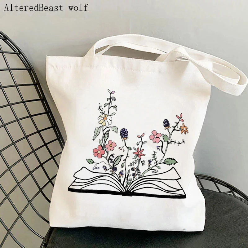 Women Shopper bag Flower Book Printed Kawaii Bag Harajuku Shopping Canvas Shopper Bag girl handbag Tote Shoulder Lady Bag