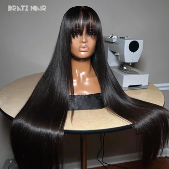 Parrucca con frangia nera naturale per capelli umani pronta da indossare Parrucca diritta senza colla 3by1 Parrucca Clousre in pizzo Parrucca diritta per capelli umani con frangia