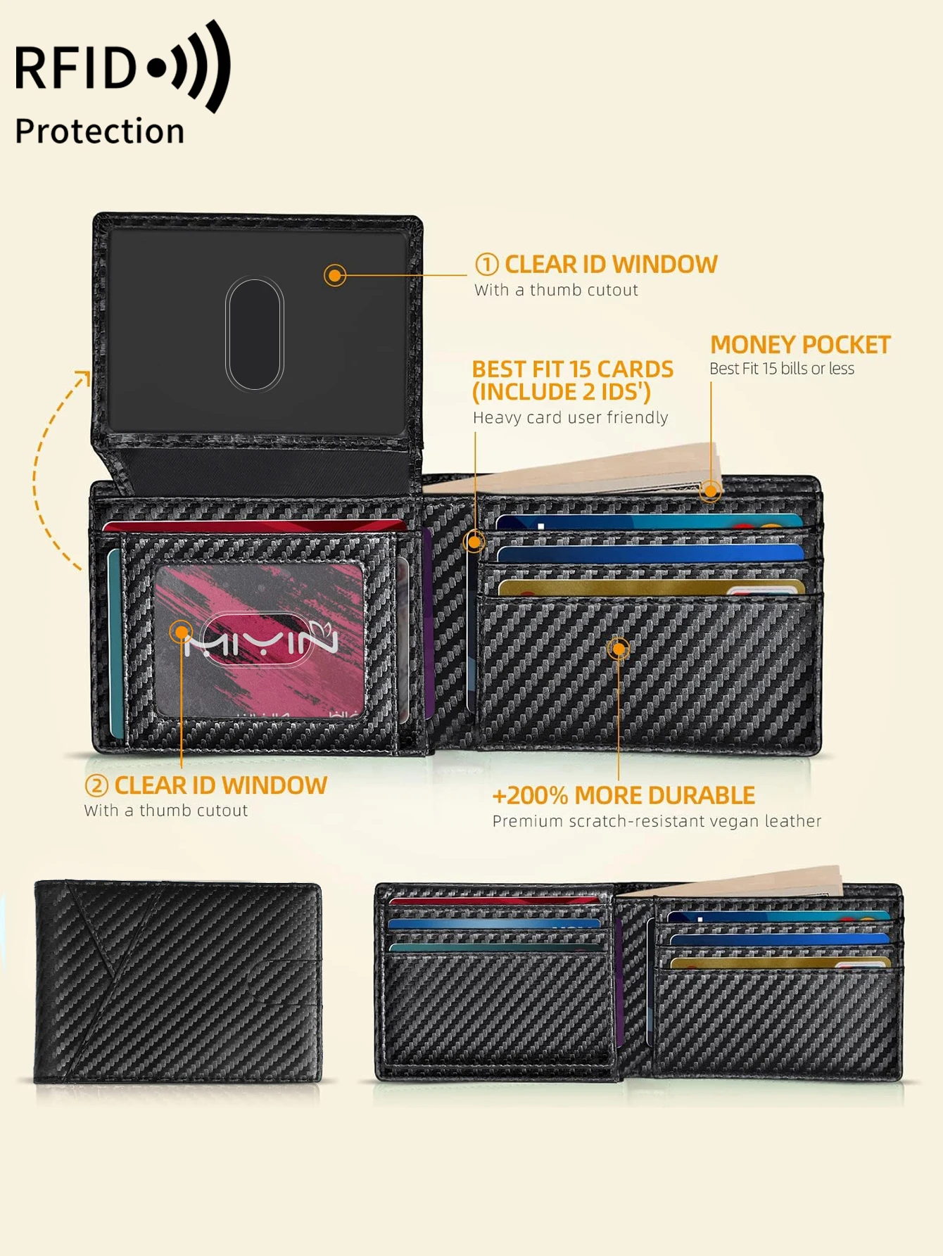 Men's Ultra-Thin RFID Blocking Bifold Wallet with Dual ID Windows & Multiple Card Slots