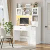 Computer Desk with Hutch, White Desk with Drawers and Power Outlet, Study Desk, Writing Desk with 3 Doors and 3 Drawers, Combina 1