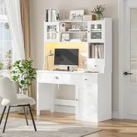 Computer Desk with Hutch, White Desk with Drawers and Power Outlet, Study Desk, Writing Desk with 3 Doors and 3 Drawers, Combina 1