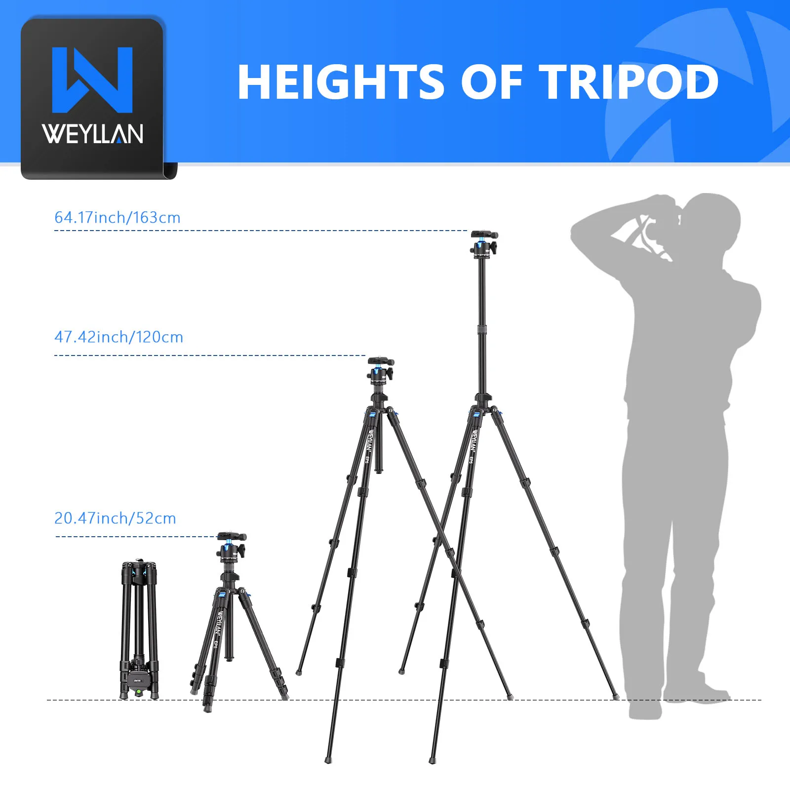 EP5 64.17in 163cm Aluminum Alloy Camera Tripod Stand Light Portable Travel Fast Flip Lock Tripod with Ball Head for DSLR Cameras