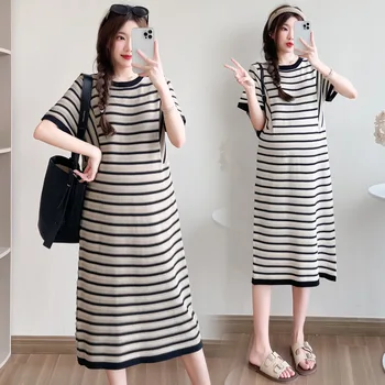 Maternity Dresses Hot Fashion Square Neck Side Knit Solid Color Clothes Pregnant Women Short-sleeved Dress