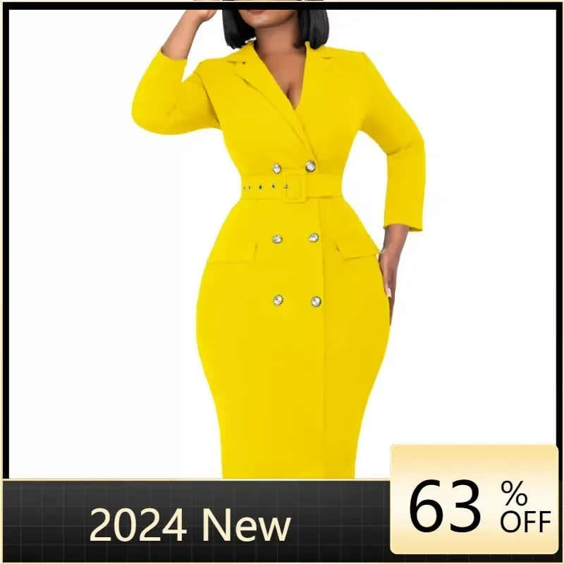 

Women Long Sleeve Notched Collar with Belt Double Breasted Blazer Bodycon Midi Dress 2024 OL Workout Dresses Vestidos