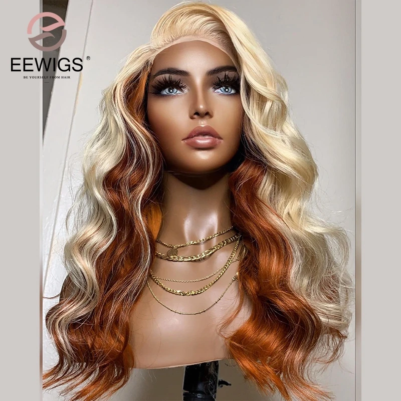 

Ombre Ginger Colored 30 Inch Honey Blonde Body Wave 13x4 Synthetic Lace Front Drag Queen Preplucked Cosplay Wigs For Women