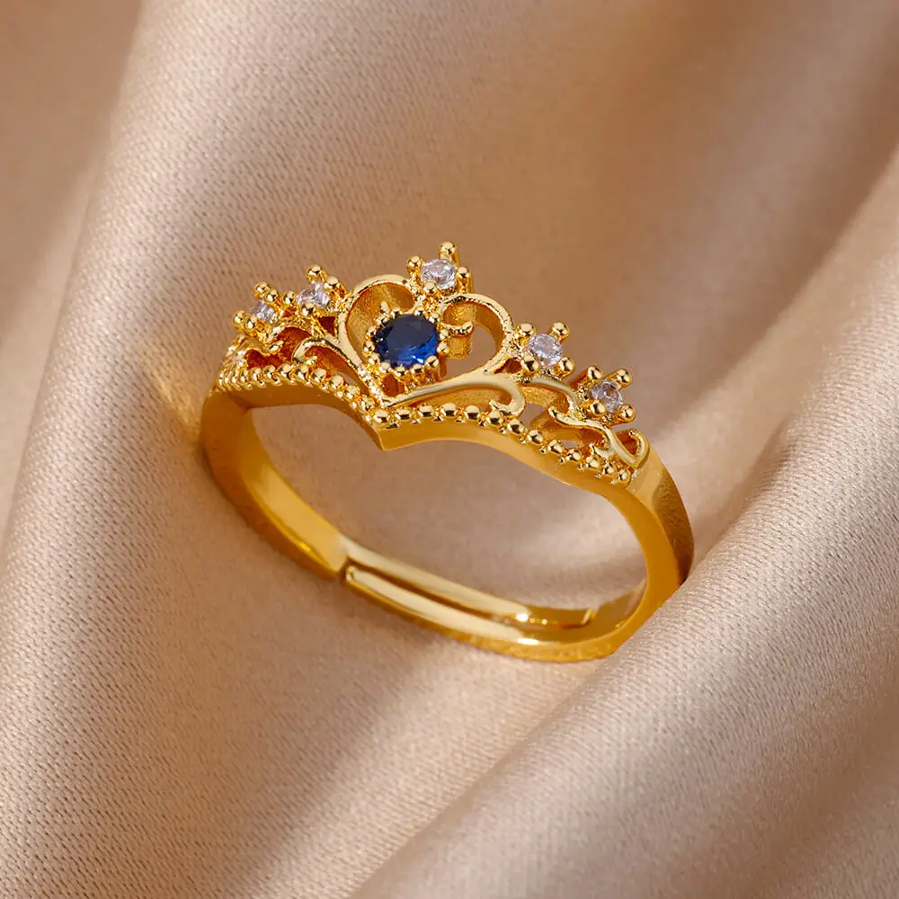 Blue Zircon Crown Rings For Women Stainless Steel Adjustable Ring