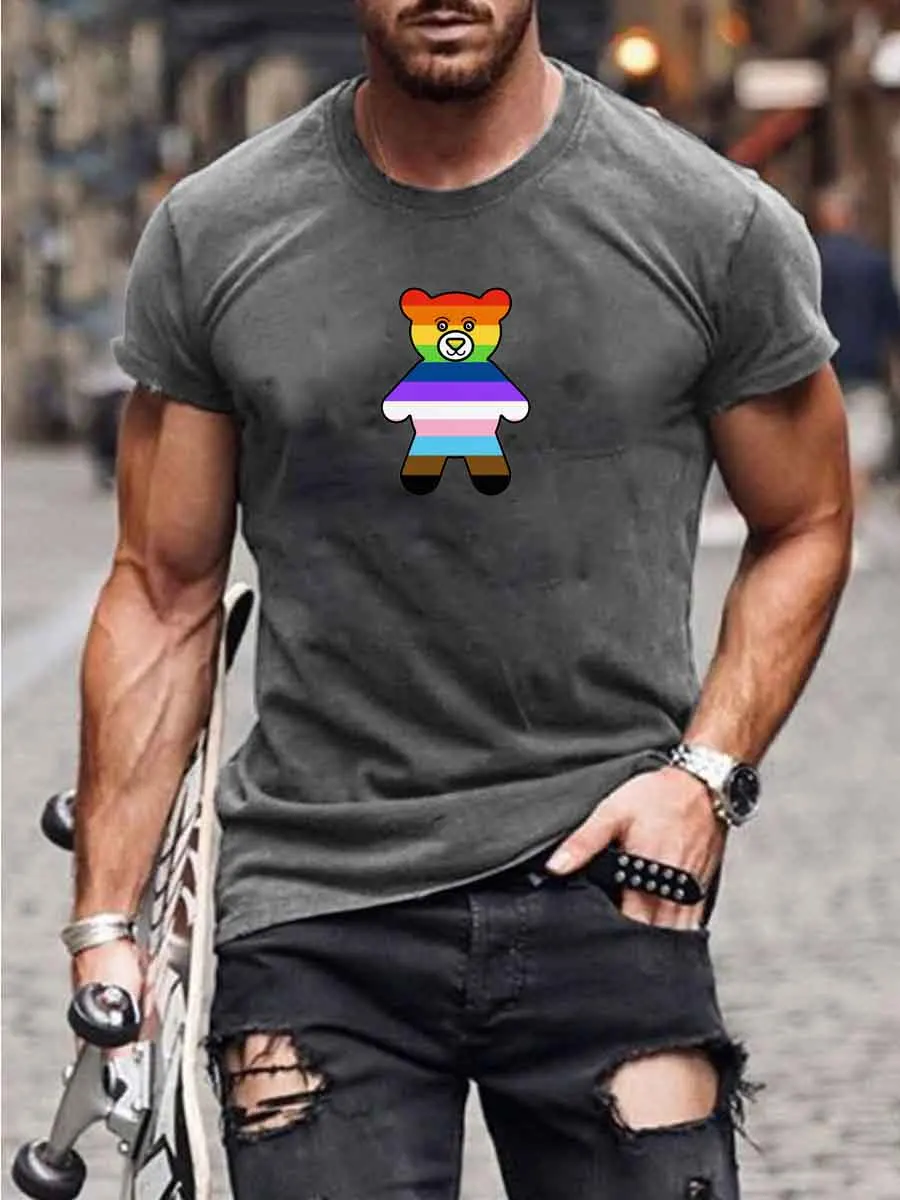 

2023 Summer Men's Printed Casual Crew Neck Short Sleeve T-Shirt Men's Rainbow Bear Say Hi Print Casual T-Shirt3D Printed T Shirt