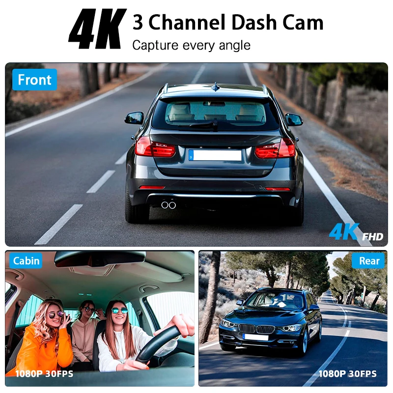 Ultra-Clear 4K Three-Camera Car Recorder, with Continuous Recording Function, and Optional 32g Memory Card