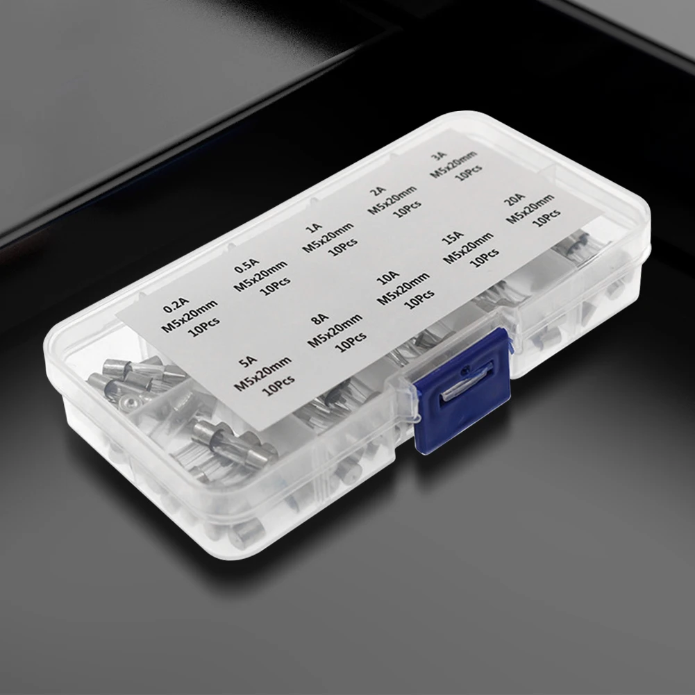 100Pcs Glass Tube Fuse Assorted Kit 5 * 20MM Fast-blow Glass Tube Fuse Amp 0.2A-20A Glass Fuse Assortment Pack with Storage Box