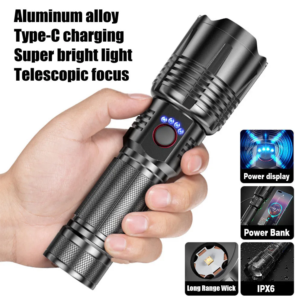 High-power 300W 3000m Shot LED Rechargeable Flashlight Lamp XHP160 Beads  Portable Torch 5 Lighting Modes Zoomable Camping Light