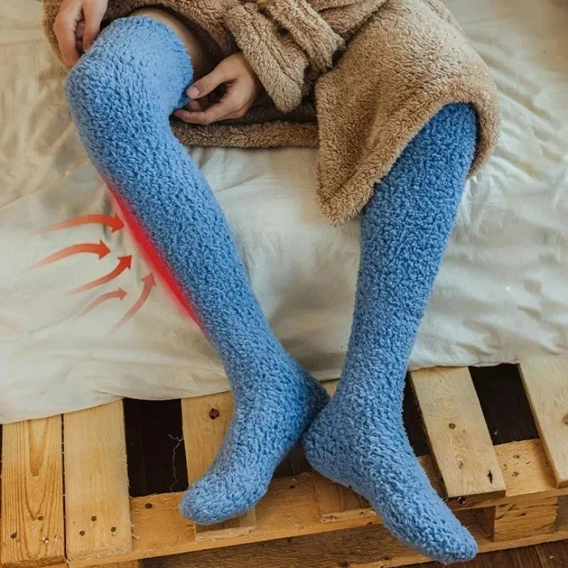 Women Autumn Winter Coral Fleece Long Socks Harajuku Solid Color Thickened Warm Stockings Comfortable Indoor Floor Sleeping Sock