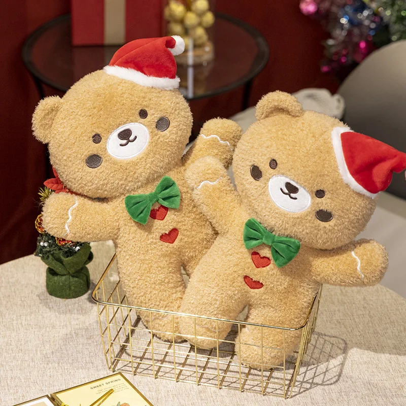 

Cute Christmas Decor Brown Bear Plush Toy Biscuit Gingerbread Man Doll Soft Stuffed Cartoon Throw Pillow for Kids Xmas Presents