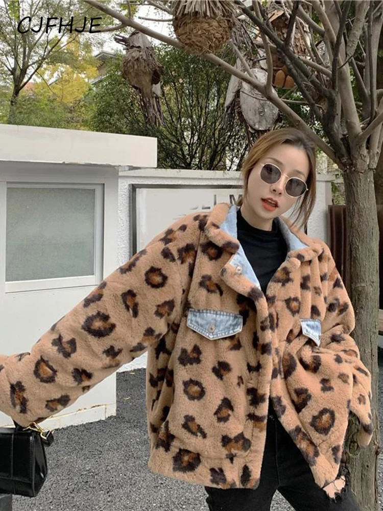 

CJFHJE Retro Leopard Double Sided Jacket Women Streetwear Faux Lamb Warm Denim Coat Winter Thick Design Female Casual Jacket New