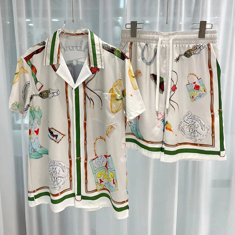 

Пляжный костюм-рубашка в стиле цифровой печати, уличная одежда с V-образным вырезом, короткий костюм на шнуровке из 2 предметов, гавайская ткань, мужская одежда