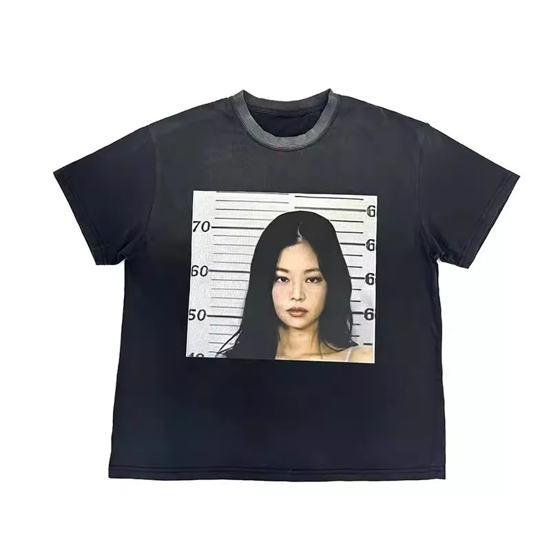 2025 jennie kim tee vintage Facial retro short sleeved T-shirt