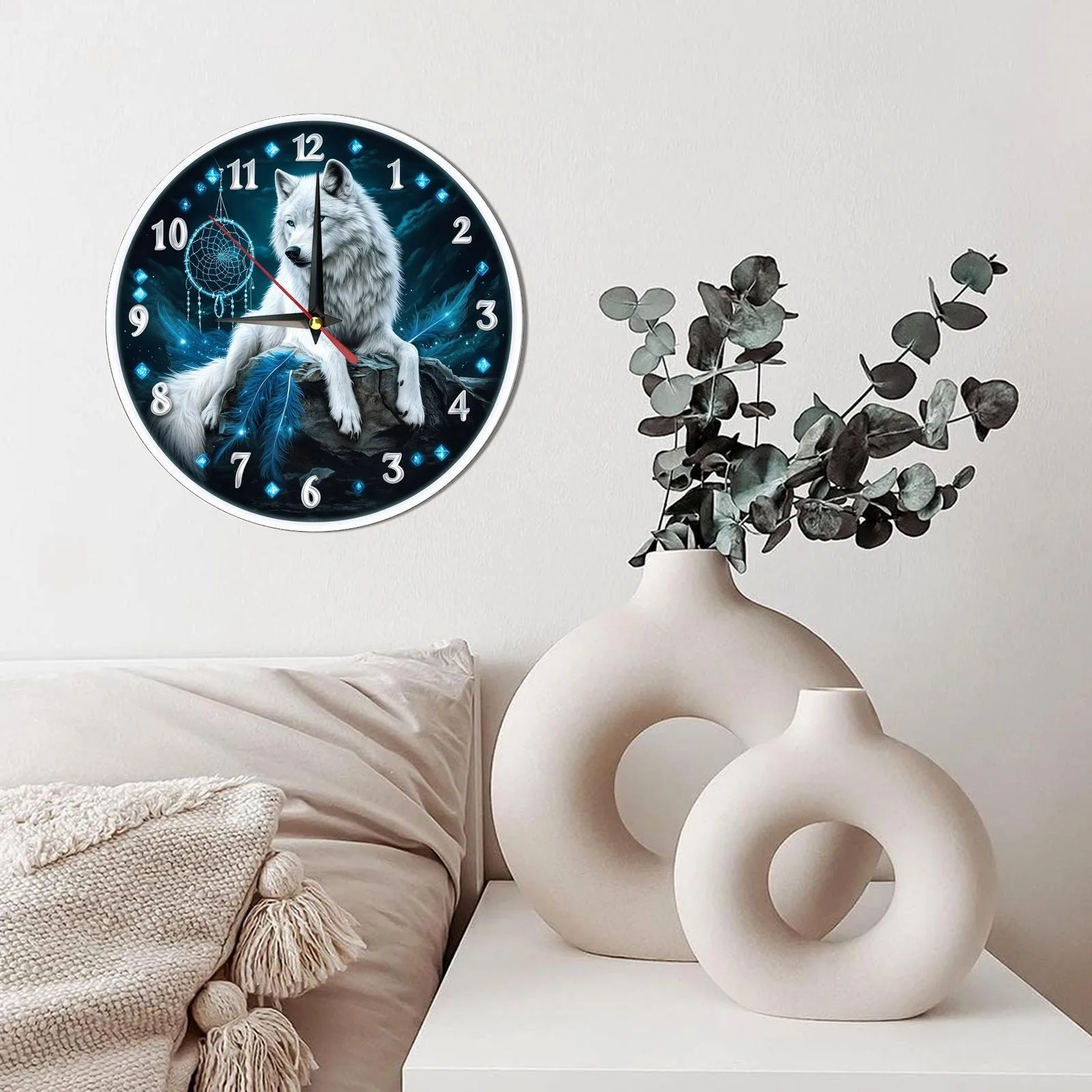 Wooden wall clock with a white wolf and dreamcatcher design. Ideal for living rooms or bedrooms. Requires AA batteries 4