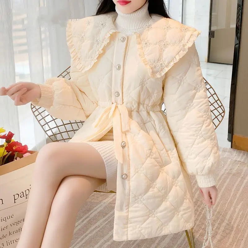 

Korean Thickening Waist Cotton Cushion Coat Fashion Sweet Lace Doll Collar Tied Cotton Coat Female 2022 Winter Coats for Women