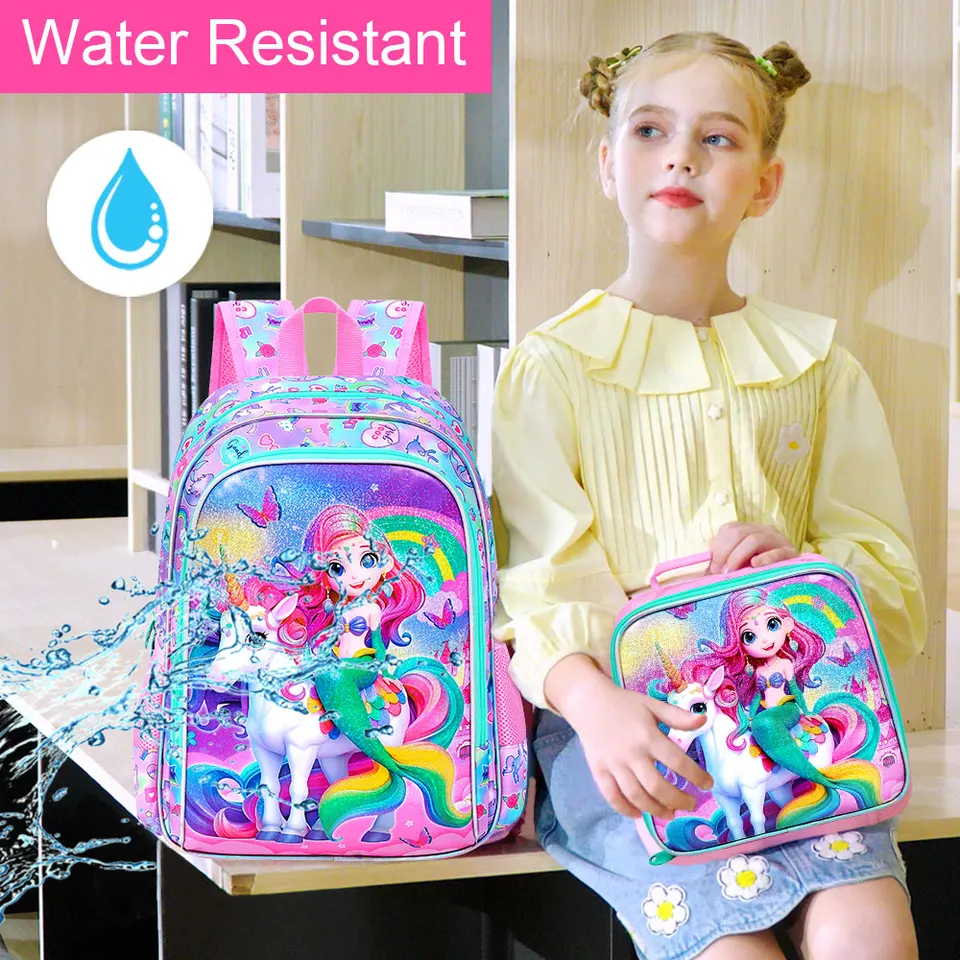 Soehipee - Juego De Mochila De Sirena Para Niñas, Niños En Edad Preescolar Con Fiambrera Y Estuche Para Lápices, Rosado, Large, Sirena
