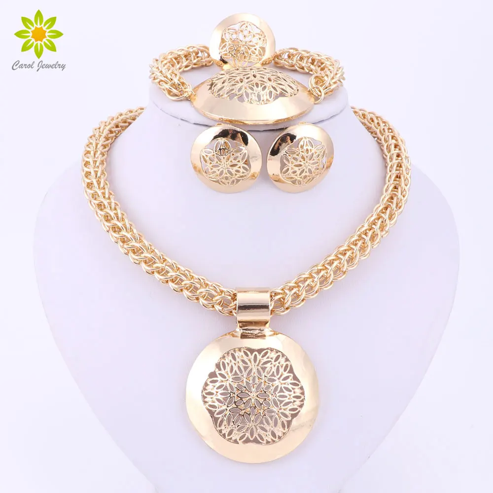 2022 Latest Fashion African Jewelry Set Round Pendant Gold Color Dubai Big Necklace Earrings