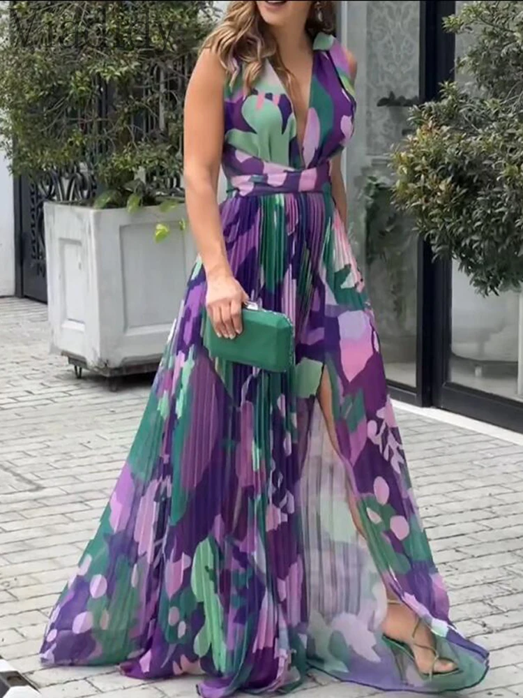 

Women Sexy Floral Print Plunge Backless Lace-up Sleeveless Slit Maxi Dress