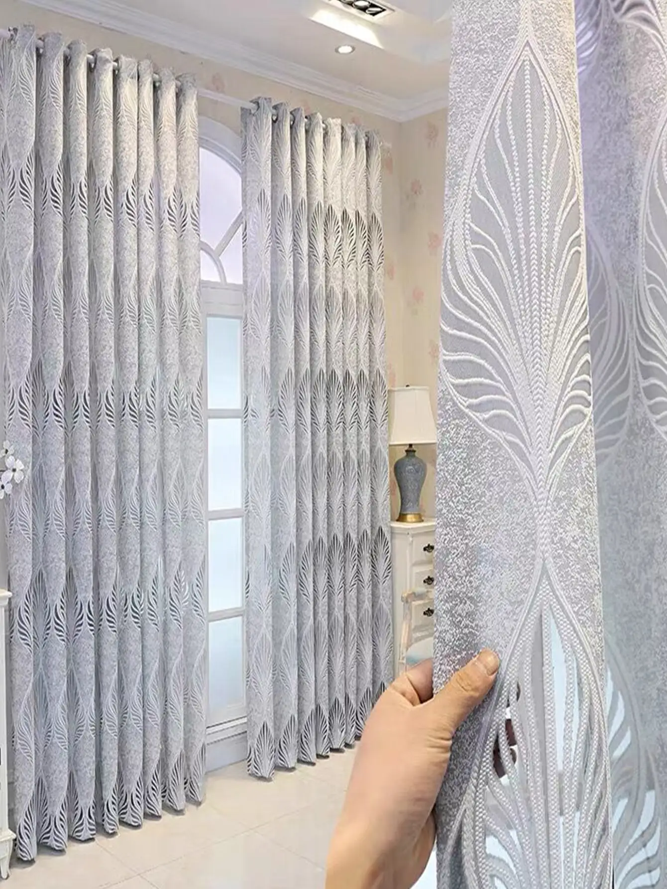 Leaf Embossed Perforated Blackout Curtains for Living Room Decoration