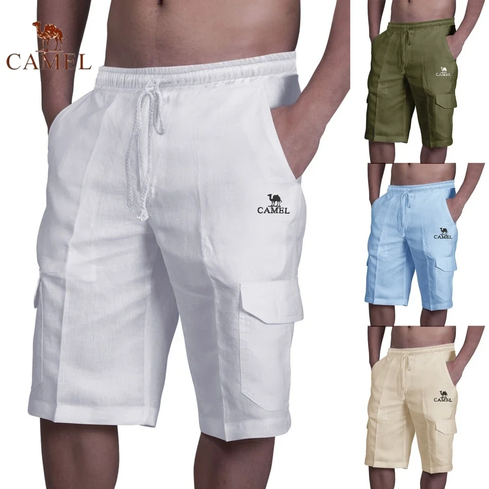 

High End Embroidered CAMEL Pure Cotton Linen Shorts for Men's Summer Fashion, Casual, Comfortable and Breathable Beach Swimwear