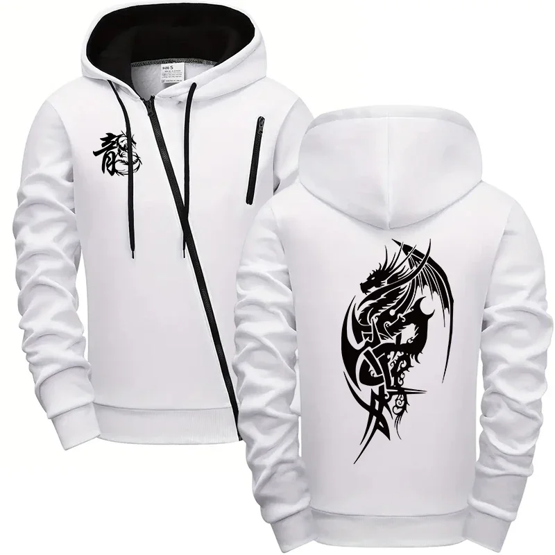 Men Dragon Printed Hoodie Jacket Casual Sports Riding Coat