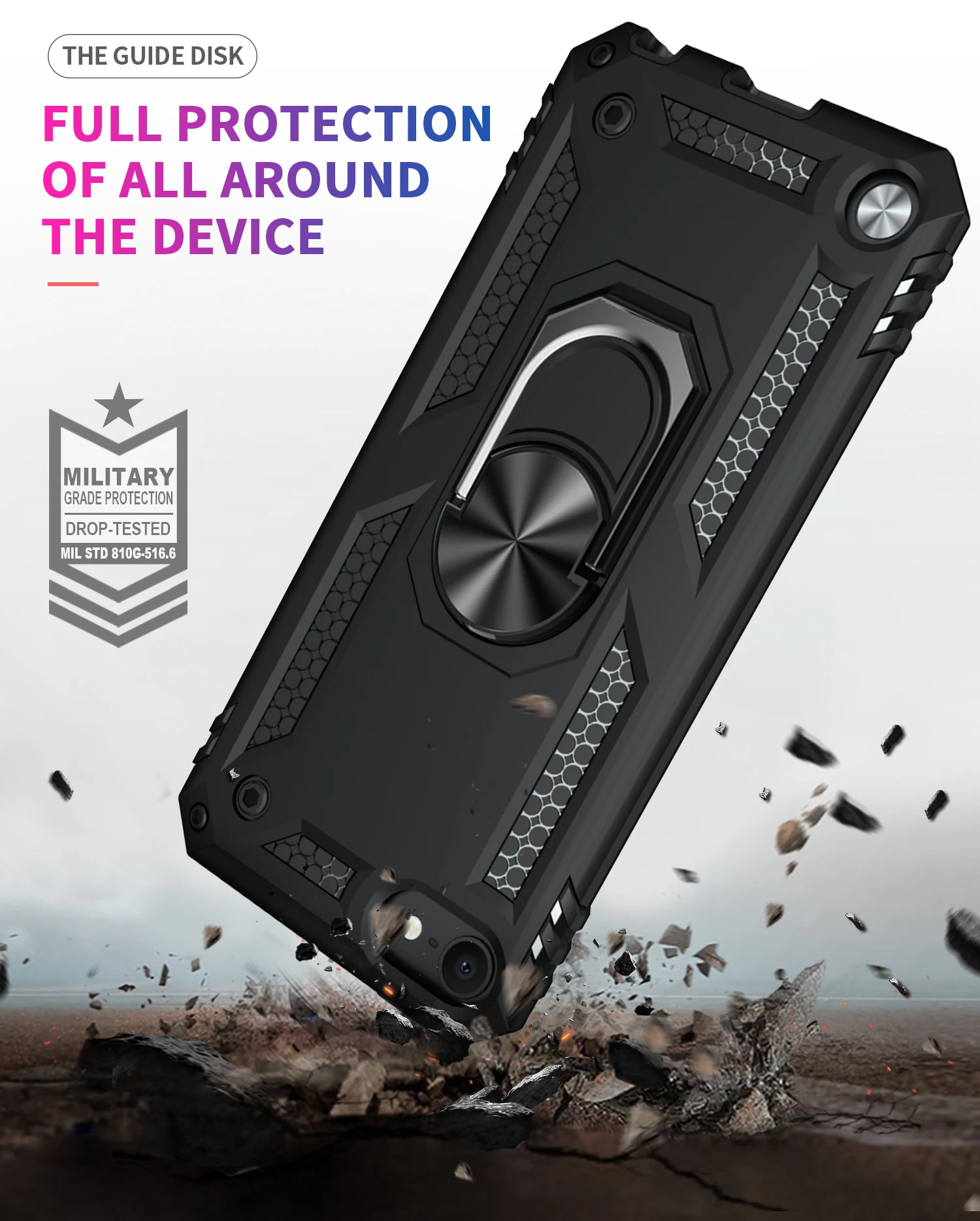 Magnetic Metal Finger Ring Holder Armor Shockproof Case with TPU Bumper and Hard PC Back Cover