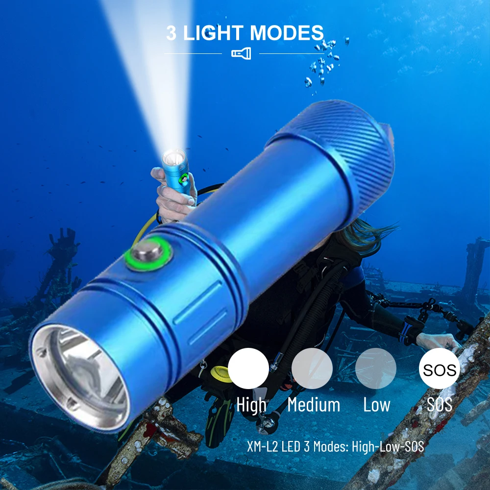 Asafee 수중 다이빙 손전등, SOS 라이트 배터리 디스플레이 토치, IPX8 방수 랜턴, L2 LED, 1200LM, 50M
