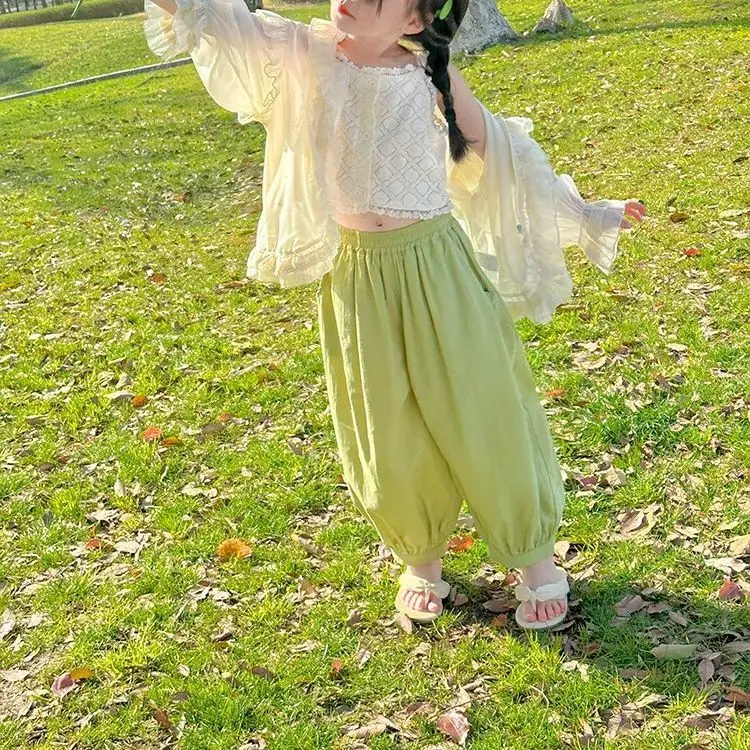 

Girls Clothes 2023 Summer New Cool Breathable Lace Ruffle Thin Long Coat Blouse Lovely and Sweet Princess Kids Jacket