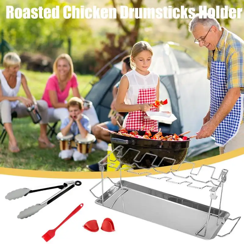 

Chicken Drumstick Rack Stainless Steel Chicken Leg Grill Rack Barbecue Drumstick Oven Roaster Stand with Drip Pan BBQ Tools