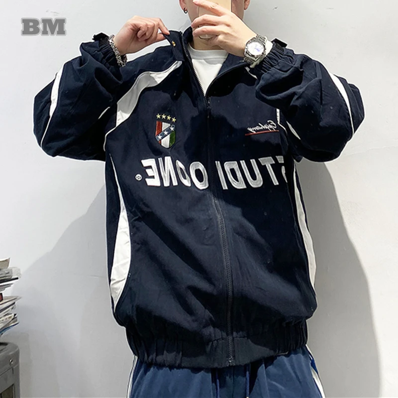 

American Streetwear Letter Embroidery Trendy Casual Jacket Men Clothing Spring Loose Sports Coat Harajuku Patchwork Sweatshirt