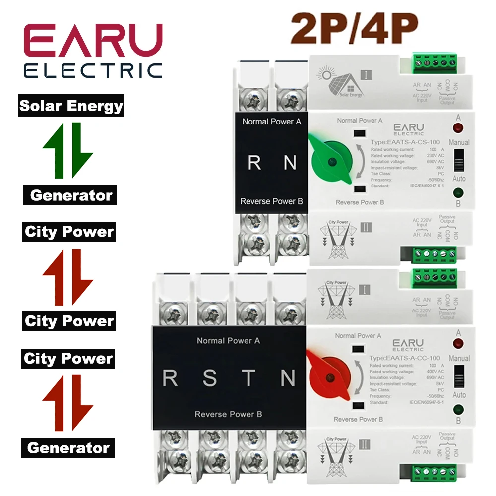 Interruptor de Transferência Automática de Energia Dupla Interruptores Seletores Ininterrupto Gerador de Energia Milissegundos 100a 220v ac 110v 2p 4p Ats