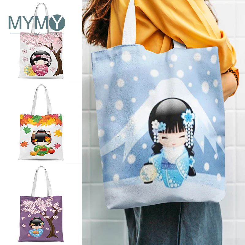 

Kimono Doll Shoulder Bag Women Shopping Bag Female Canvas Anime Handbags Shopper Eco Reusable Foldable Kawaii Storage Tote Bags
