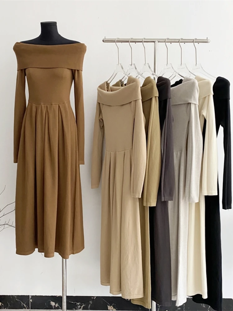 

Women Off Shoulder Elegant Knitted Midi Long Dress Autumn Winter Solid Pullover Dress Slim Long Sleeve Sweet Sweater Dress