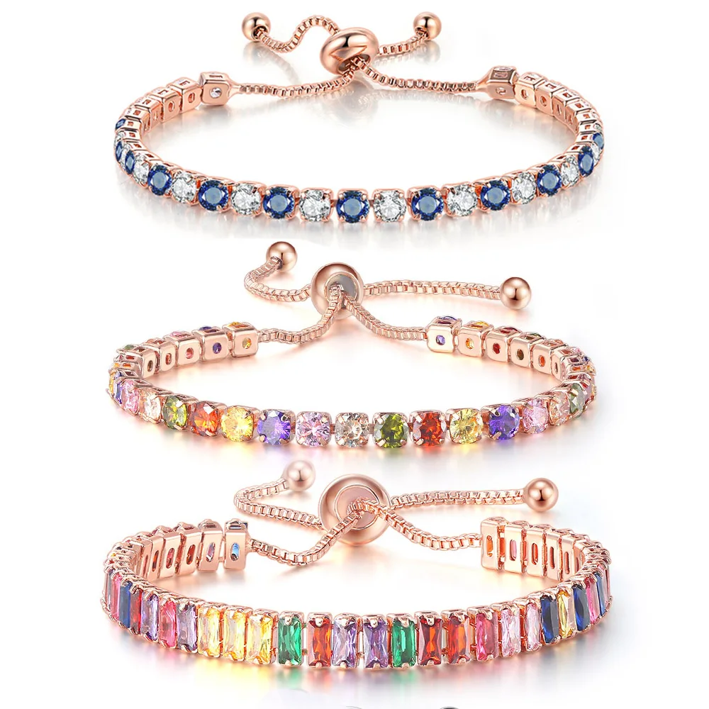 Regulowane wielokolorowe bransoletki tenisowe dla kobiet Ladies Wedding Rainbow kolorowa cyrkonia Charm bransoletka łańcuszek na rękę DZH043 - AliExpress 36
